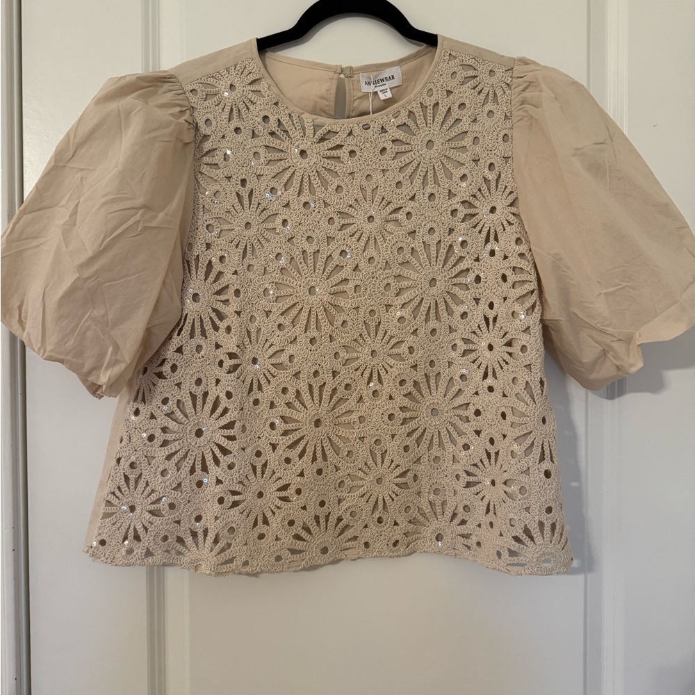 Elegant Beige Floral Lace Puff Sleeve Blouse - Spring Sale!